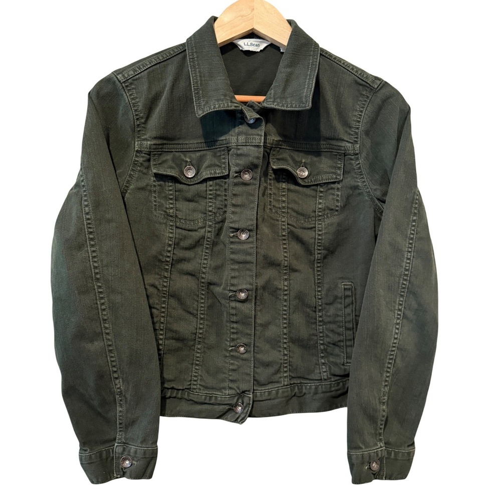LL Bean Womens Denim Trucker Jacket Dark Olive Green Cotton Stretch